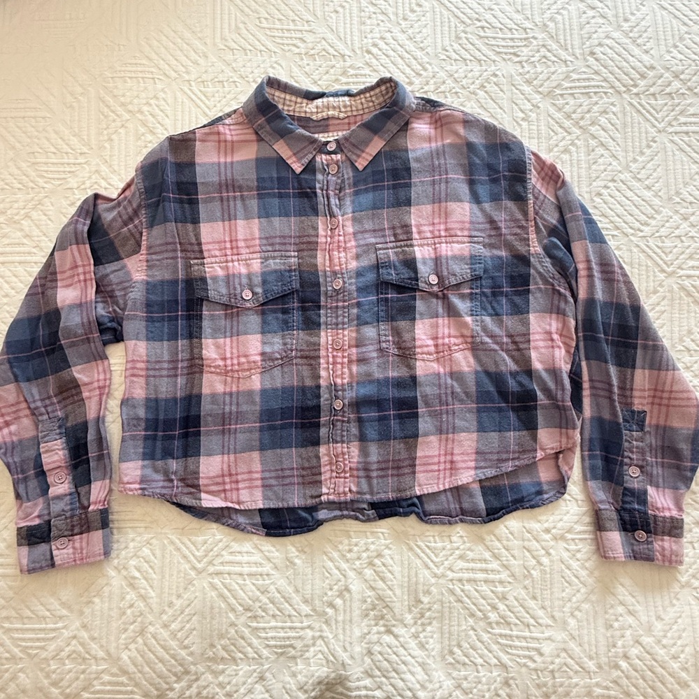 American Eagle Women’s Pink & Blue Plaid Button-Up Western Shirt